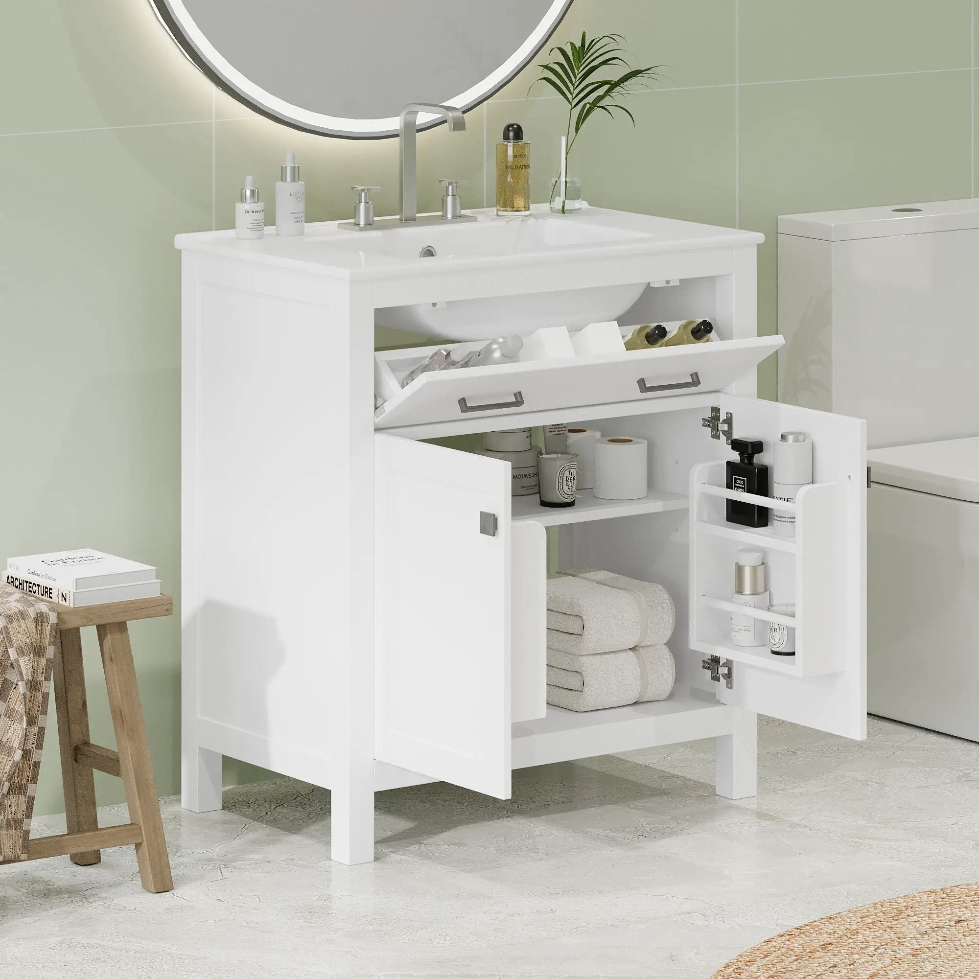Bathroom Vanity With Ceramic Sink, Modern Single Bathroom Cabinet With 2 Doors And A Shelf, Soft Close Doors by Unique Piece Furniture
