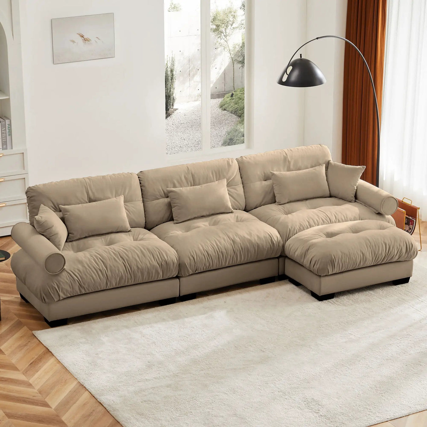 Modern Sectional Sofa With Ottoman, Round Bolster Armrests, Waist And Throw Pillows by Unique Piece Furniture