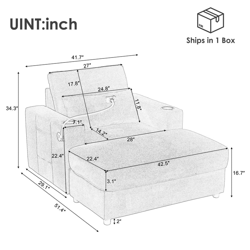 Modern Style Armchair Chaise Lounge Sofa Couch With Movable Storage Ottoman, USB Ports, Cup Holders, Phone Holder, Side Pockets by HouseOfZazla