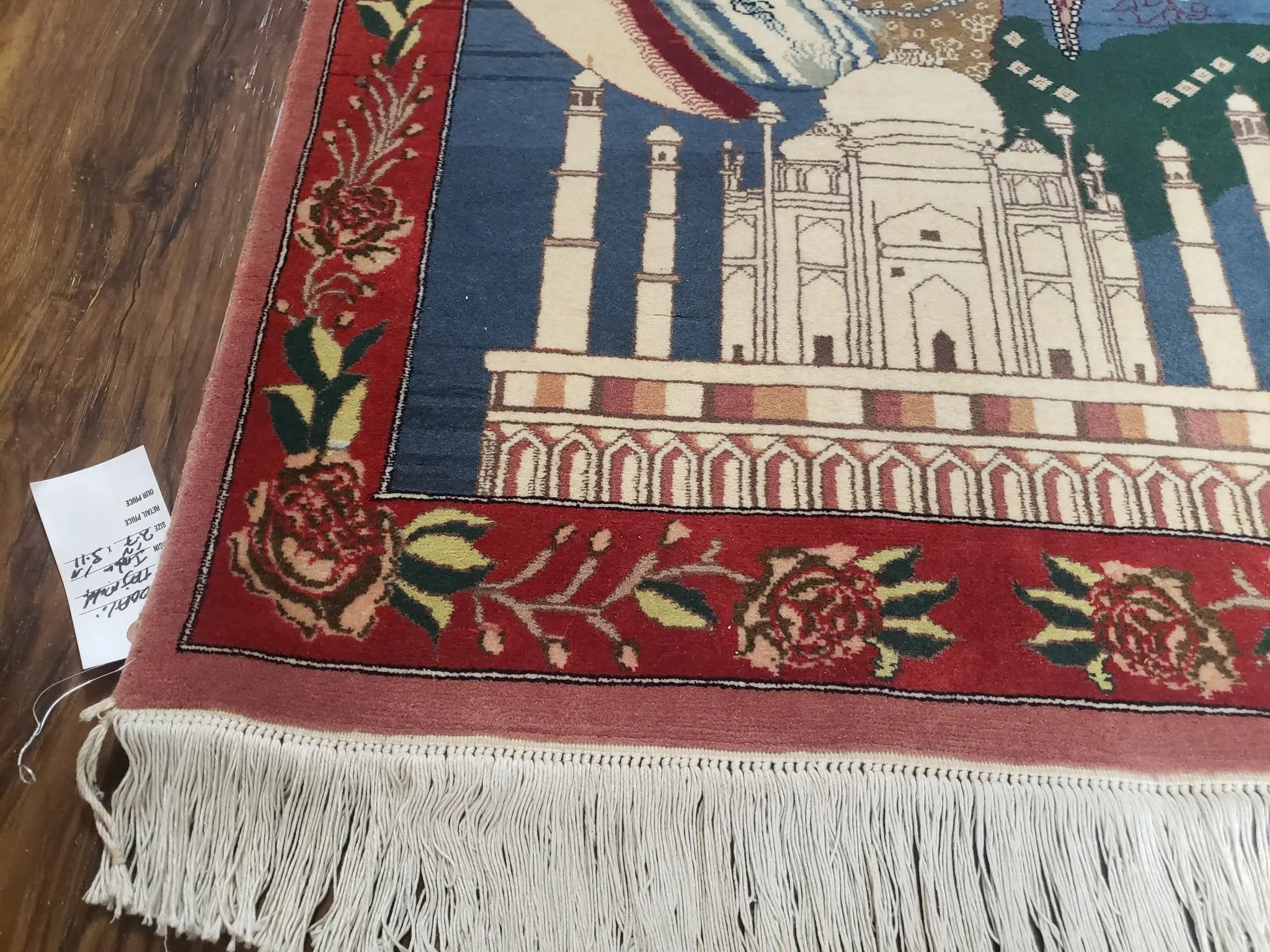 Vintage Small Pictorial Lovers Rug 2.5 x 4, Taj Mahal Indo Persian Rug, Wool Hand-Knotted Indian Rug, King & Queen, Layla and Majnun by Jewel Rugs