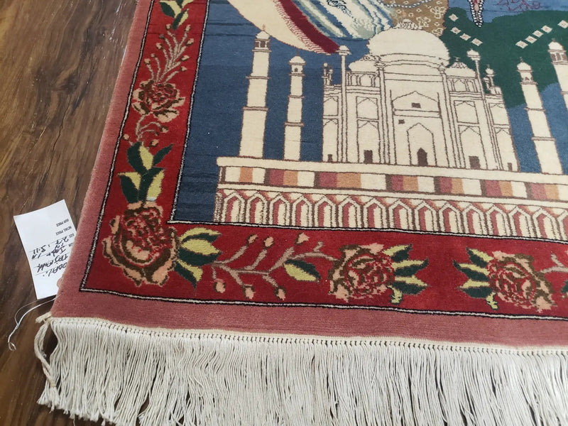 Vintage Small Pictorial Lovers Rug 2.5 x 4, Taj Mahal Indo Persian Rug, Wool Hand-Knotted Indian Rug, King & Queen, Layla and Majnun by Jewel Rugs