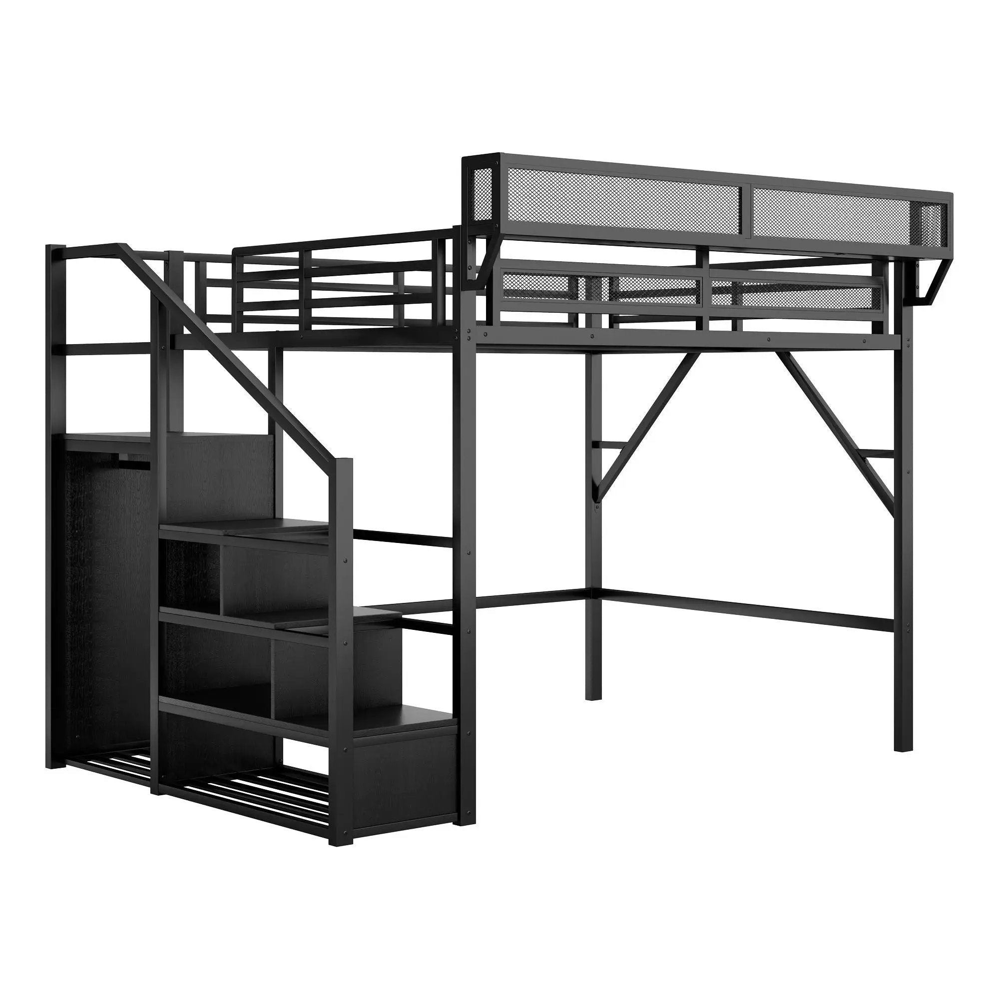Queen Size Loft Bed With Stairs, Storage Shelves, Wardrobe - Black by HouseOfZazla