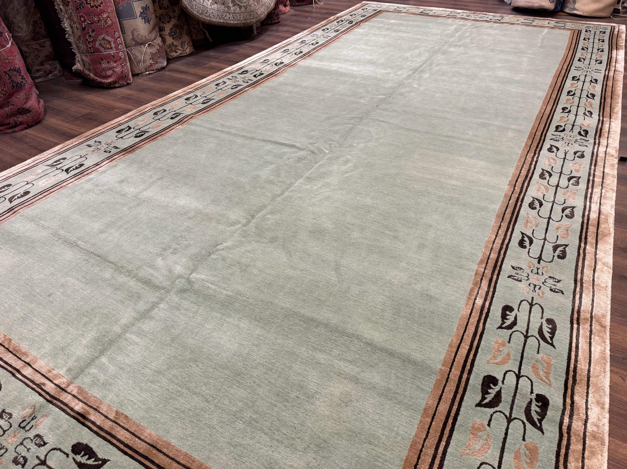 Palace Size Nepali Rug 9x18, Open Field, Light Mint Green, Wool Hand Knotted, Modern Contemporary by Jewel Rugs