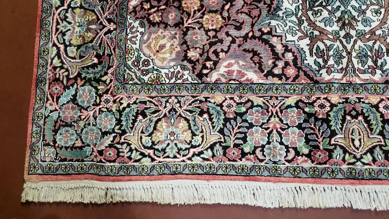 Indian Kashmiri Silk Rug 6x10, Ivory, Floral Medallion by Jewel Rugs