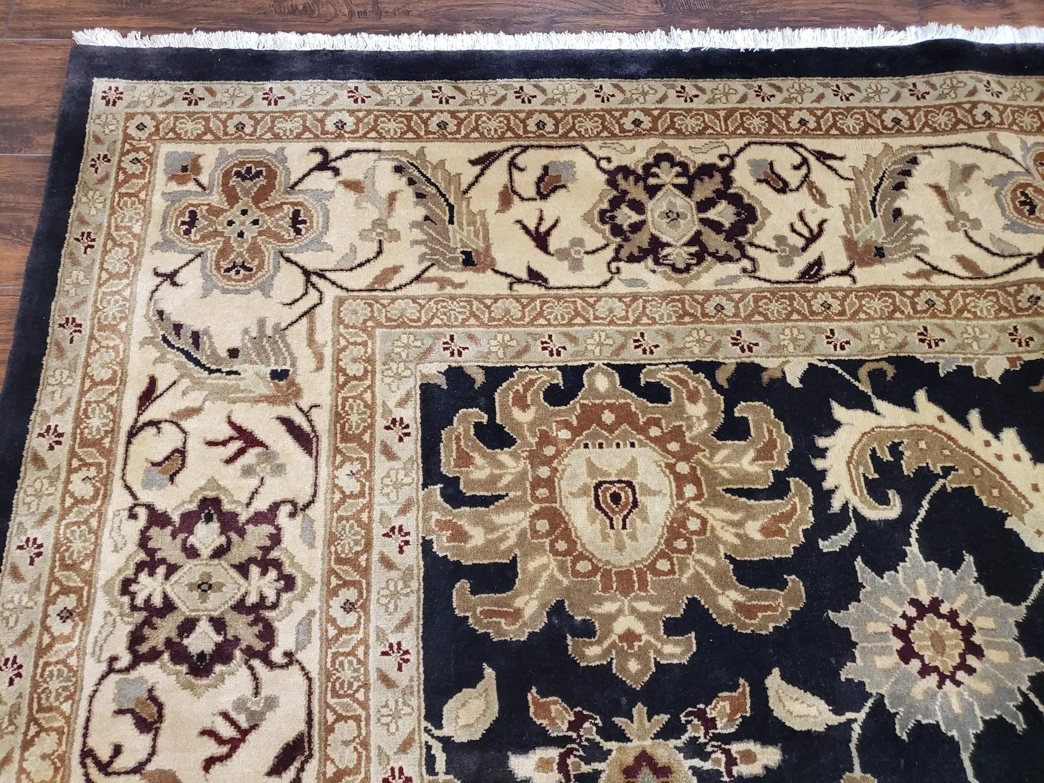 Indo Mahal Rug 8x12, Indian Sultanabad Handmade Area Rug, Vintage Hand-Knotted Wool Black Floral Traditional Oriental Dinning Room Rug by Jewel Rugs