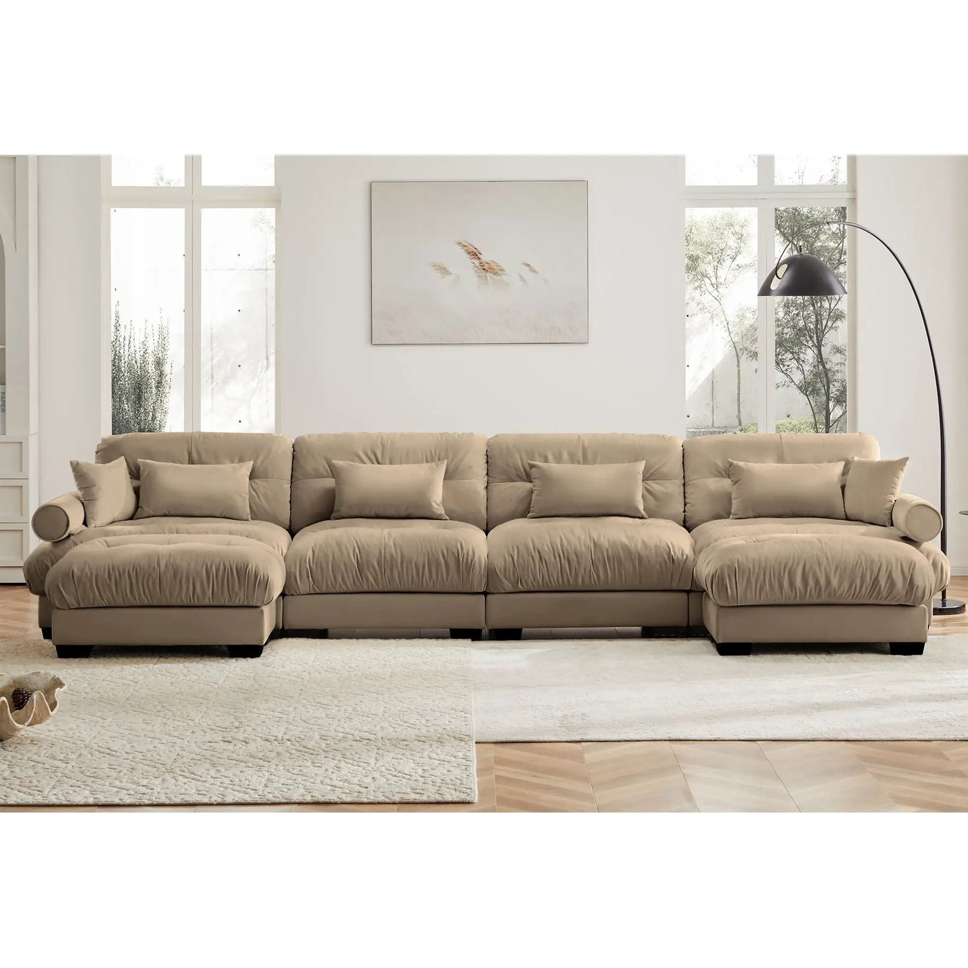 Modern Sectional Sofa With Ottoman, Round Bolster Armrests, Waist And Throw Pillows by Unique Piece Furniture