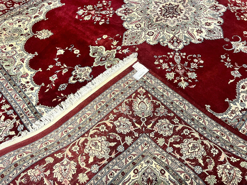 Pak Persian Rug 9x12, Handmade Vintage Traditional Wool Carpet, Floral Medallion, Dark Red Ivory/Cream, Fine 250 KPSI by Jewel Rugs