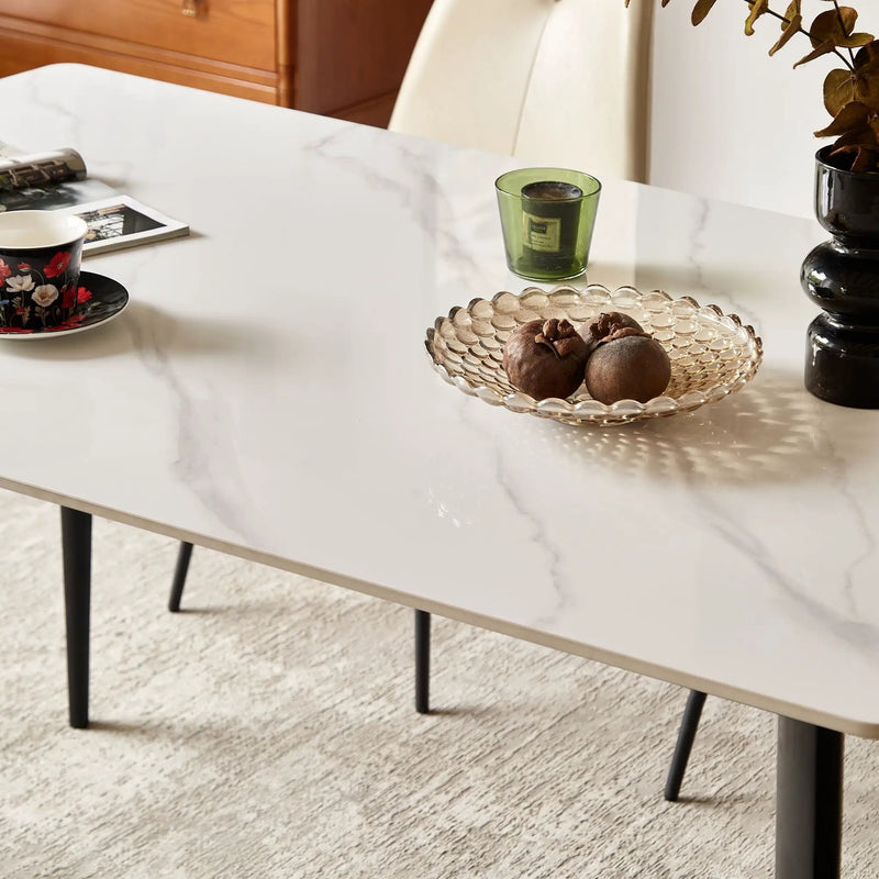 Dining Table Round White Sintered Stone Top Heavy Duty Metal Legs Waterproof Surface For Kitchen Dining Room Or Office Furniture - White / Black by Unique Piece Furniture