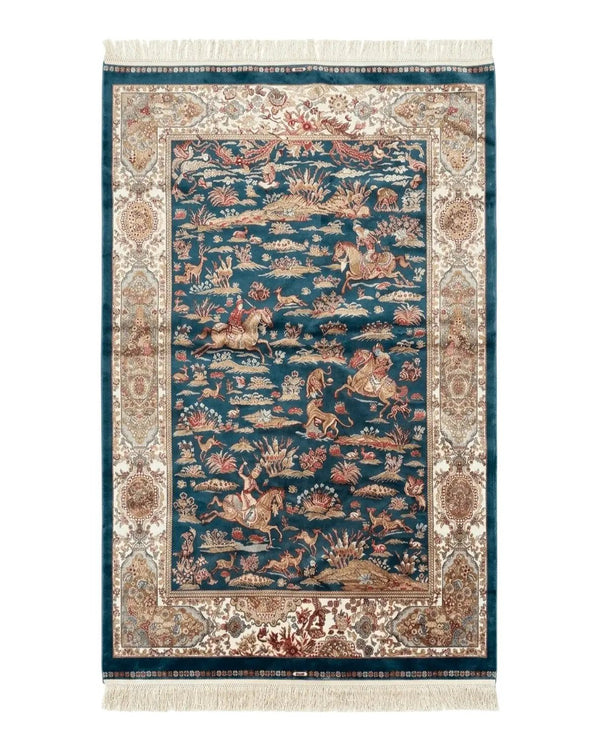 Turkish Silk Hunting Design Rug 4x6, Dark Steel Blue & Ivory, Bamboo Silk, New
