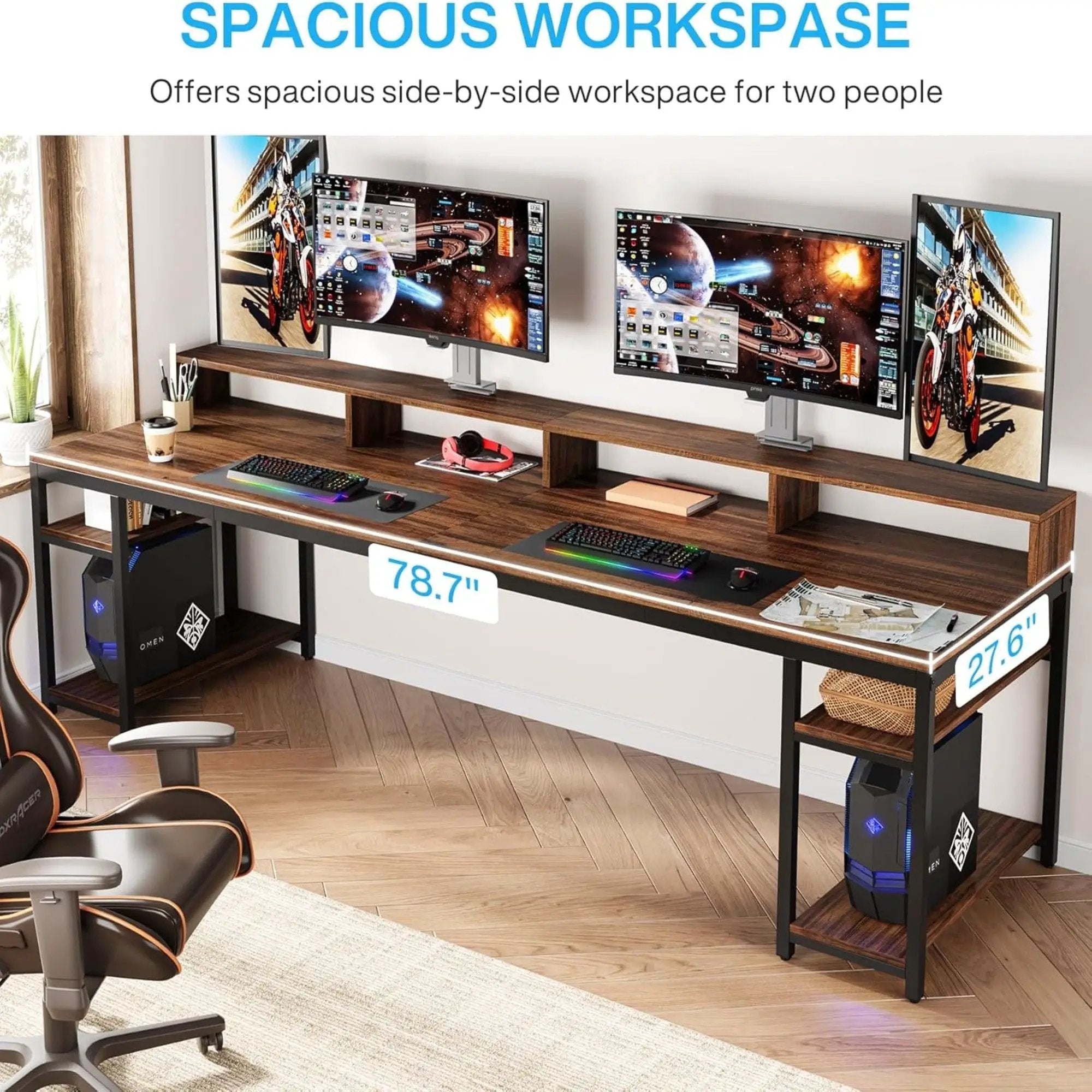 2 Person Desk With Monitor Stand, Long Office Workstation With Dual Storage Shelves And Frame - Brown / Black by HouseOfZazla
