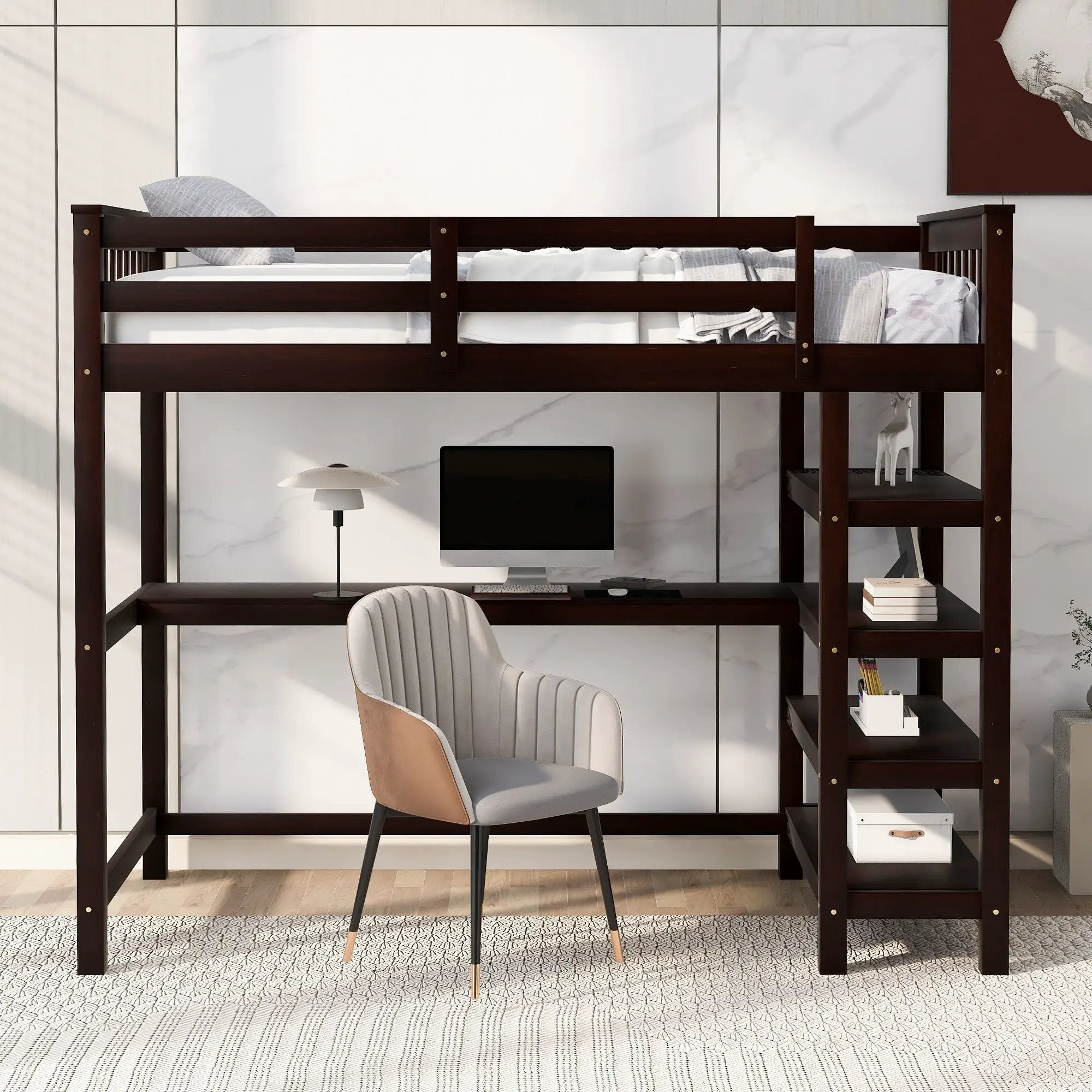 Loft Bed With Storage Shelves And Under Bed Desk