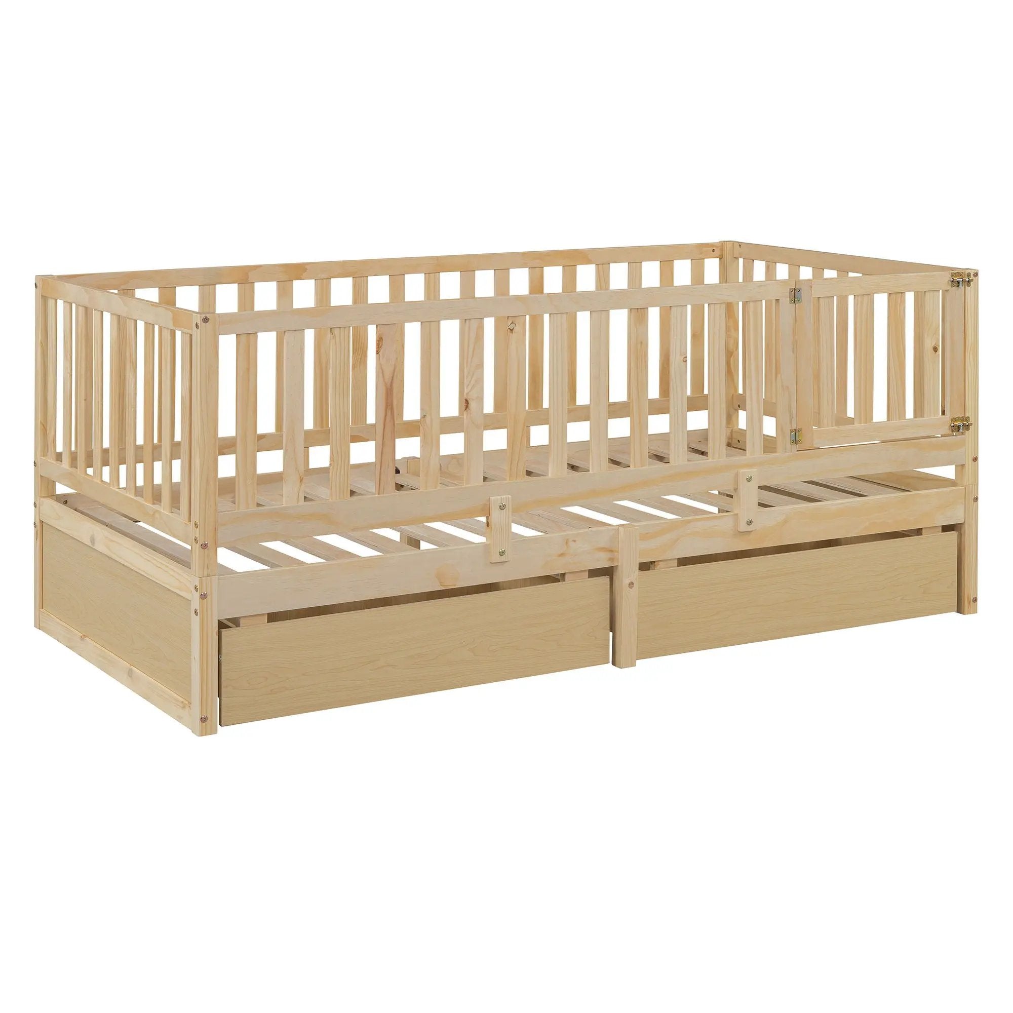 Daybed With Fence Guardrails And 2 Drawers, Split Into Independent Floor Bed & Daybed by HouseOfZazla