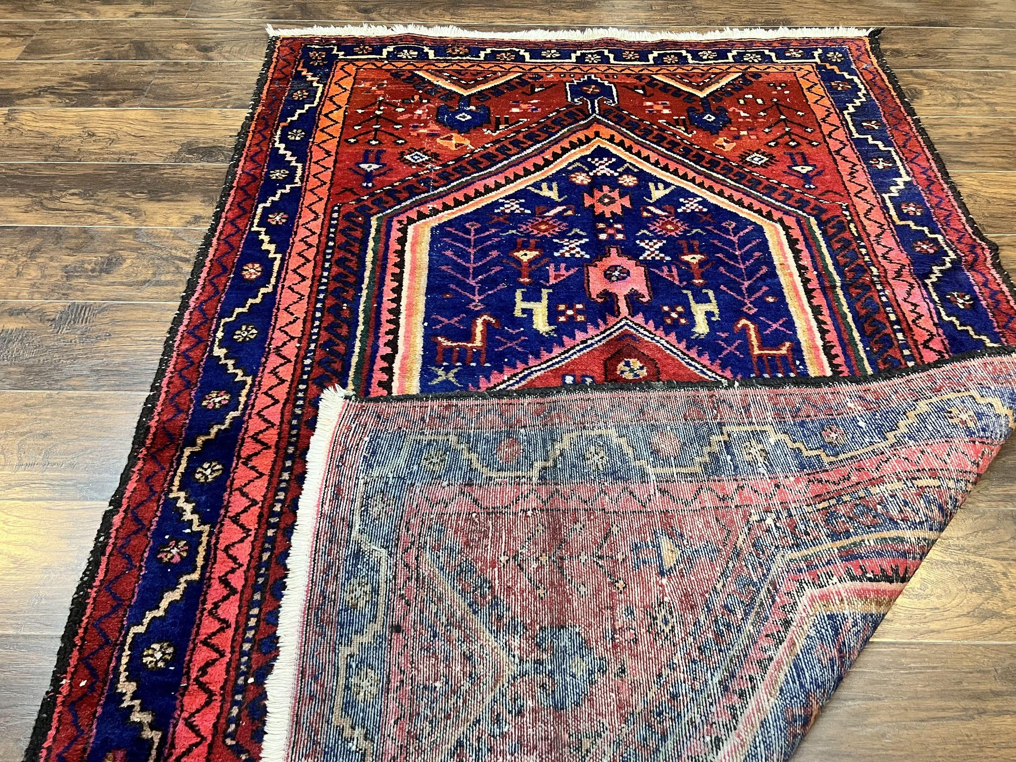 Persian Tribal Rug 5x7, Wool Handmade Vintage Hamadan Nahavand Carpet, Red & Navy Blue, Animal Motifs, Geometric Oriental Rug 5 x 7 by Jewel Rugs