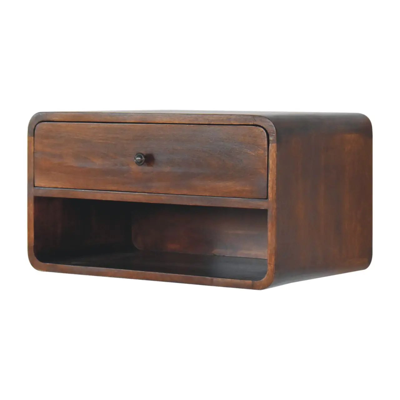 Solid Wood Large Curve Floating Bedside, 1-Drawer, 1 Open Slot, Chestnut by HouseOfZazla