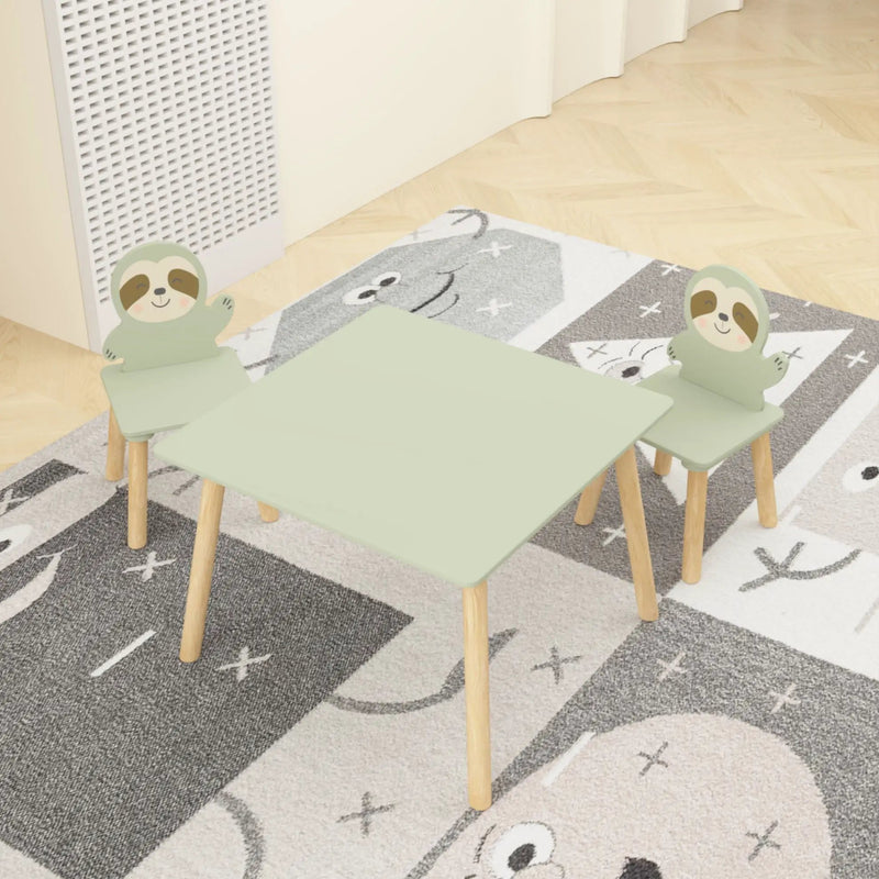 Sloth Themed Table And Chair Set With 2 Cute Animal Chairs - Natural Wood / Sage Green by HouseOfZazla