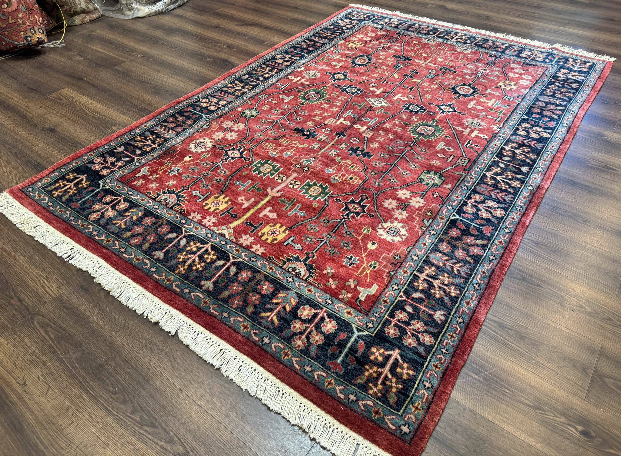 Indo Persian Heriz Serapi Rug 6x8, Rust Red and Navy Blue, Allover Pattern by Jewel Rugs