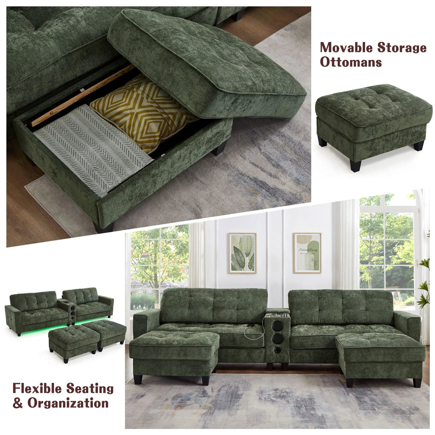 Modern Sectional Sofa U-Shaped With Movable Ottomans, tooth Speakers, LED Lights And Modular Storage by Unique Piece Furniture