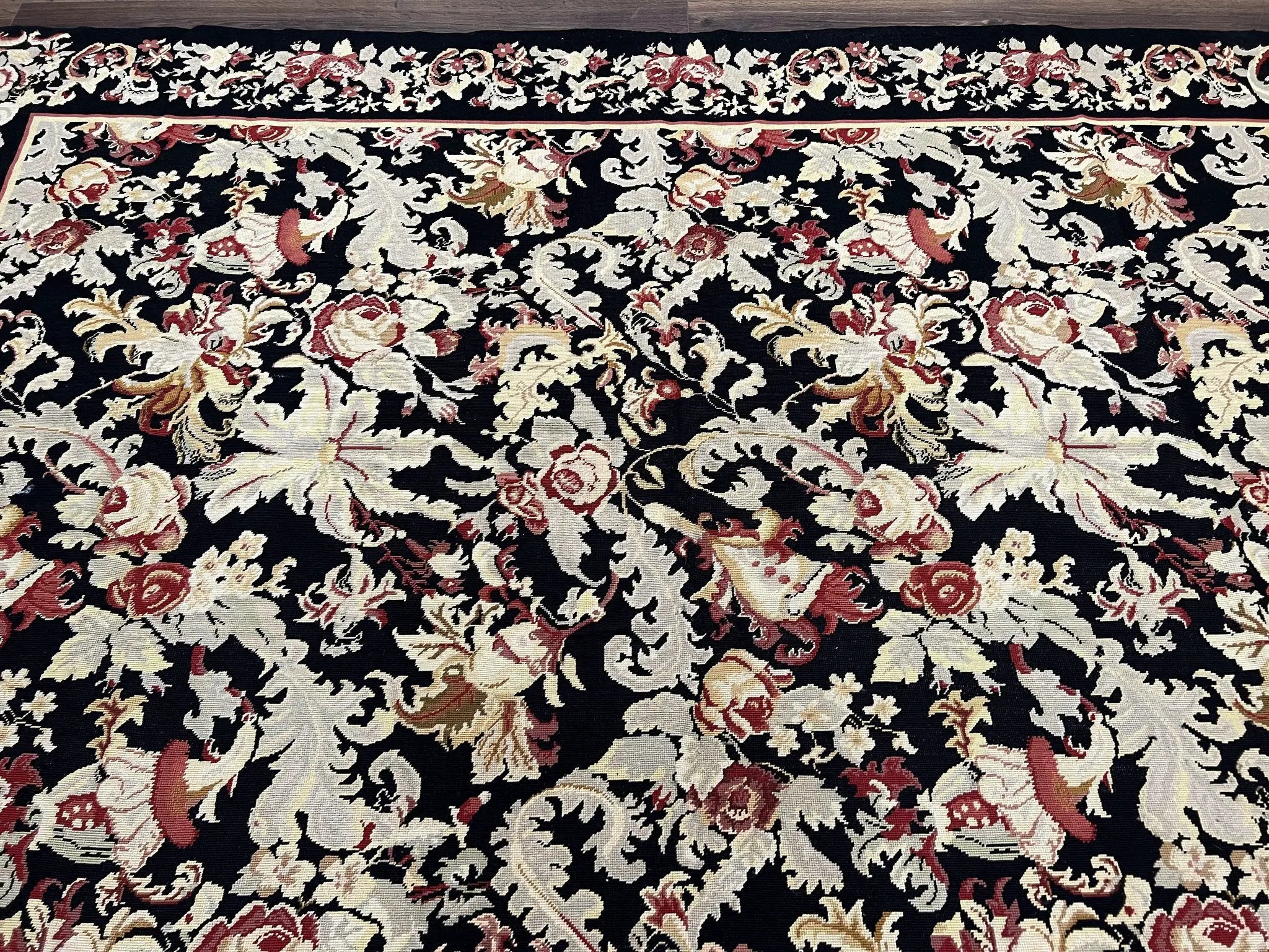 Wool Needlepoint Rug 9x12, William Morris Vintage Chinese Needlepoint Carpet 9 x 12, Handwoven, Allover Floral Area Rug, Black Light Green by Jewel Rugs