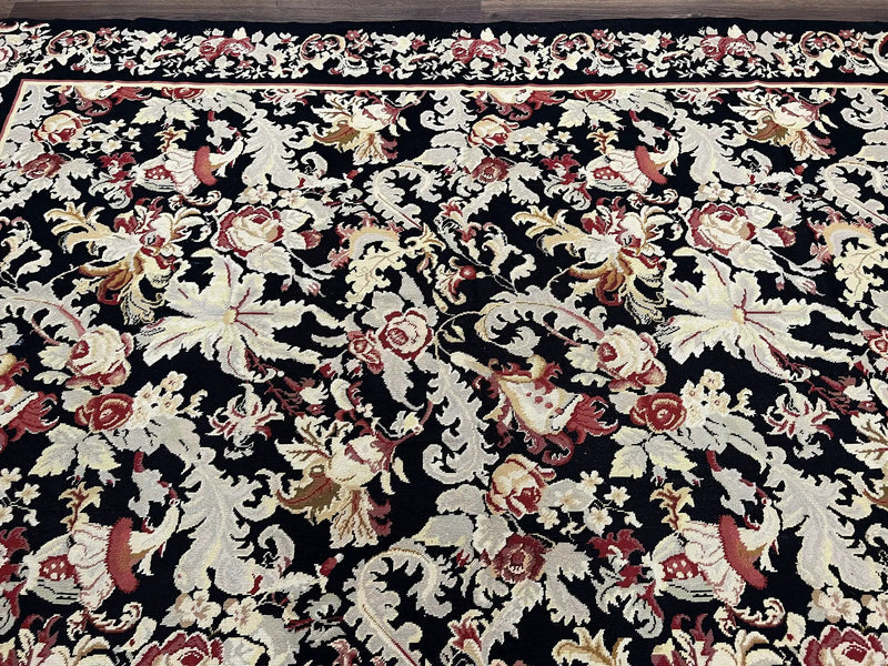 Wool Needlepoint Rug 9x12, William Morris Vintage Chinese Needlepoint Carpet 9 x 12, Handwoven, Allover Floral Area Rug, Black Light Green by Jewel Rugs