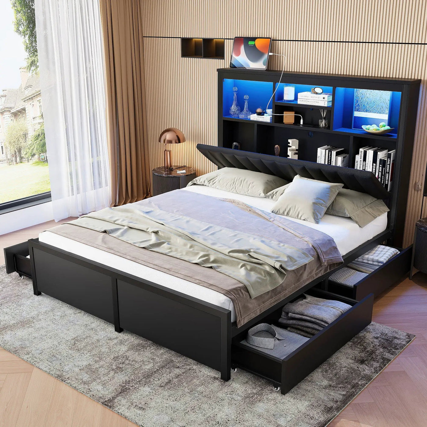 Bed Frame With High Storage Headboard, LED Light And Charging Station, 4 Storage Drawers by Unique Piece Furniture