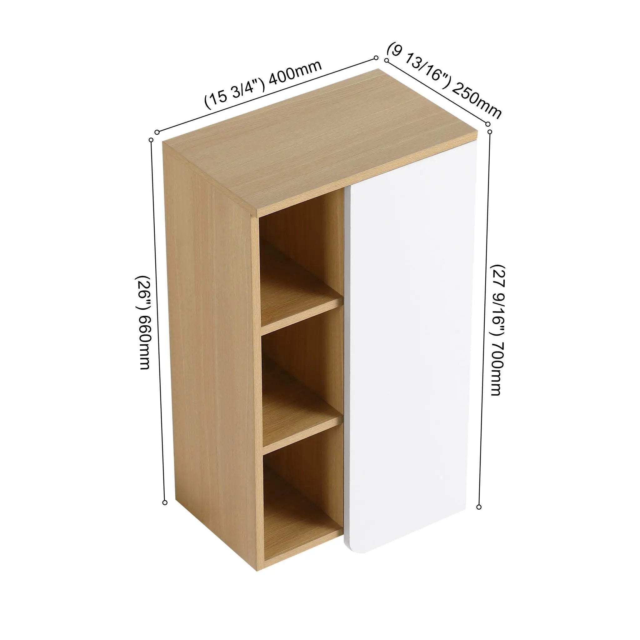 Wall Mounted Bathroom Side Cabinet, Single Door With 3 Tier Open Shelves - Black / Light Oak / White by Unique Piece Furniture