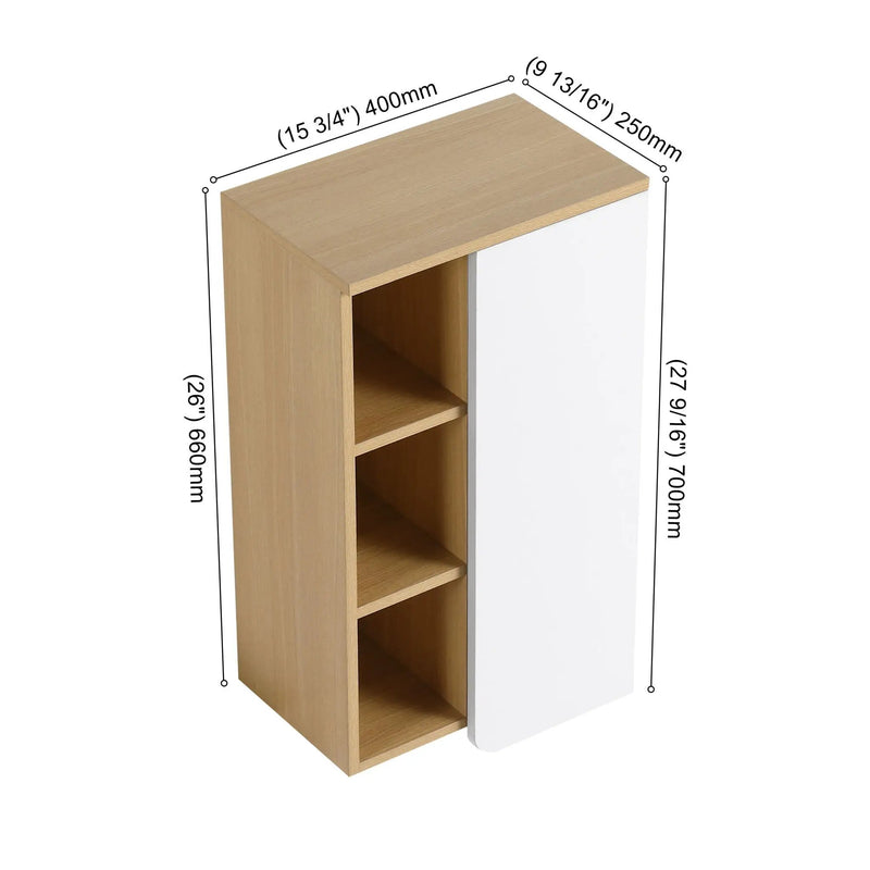Wall Mounted Bathroom Side Cabinet, Single Door With 3 Tier Open Shelves - Black / Light Oak / White by HouseOfZazla