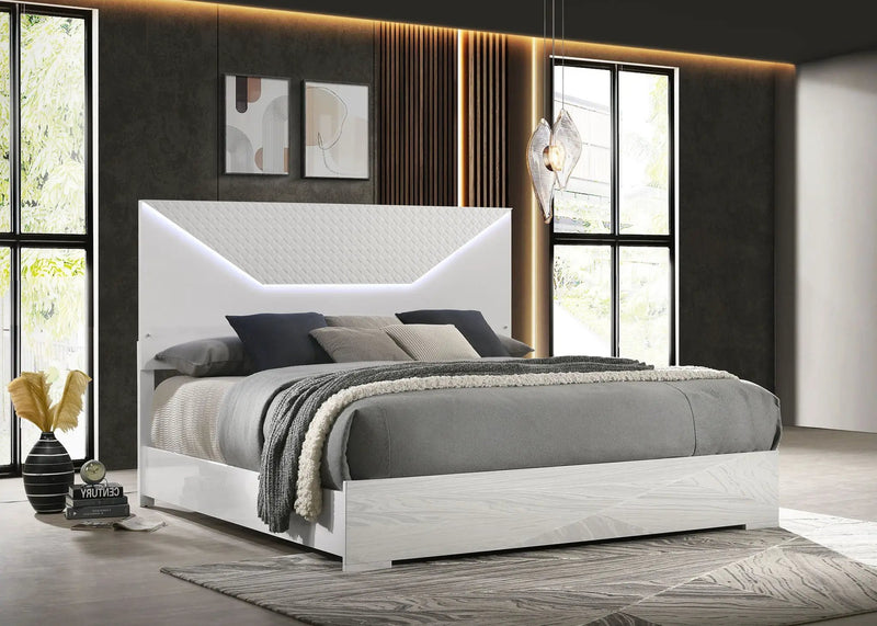 Ives Queen Panel Bed LED Headboard White High Gloss by Unique Piece Furniture