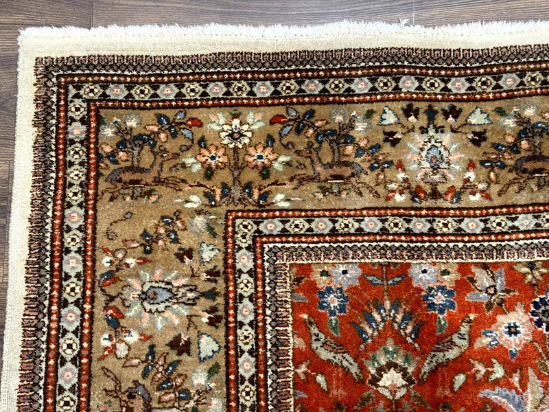 Persian Tabriz Rug 6x10, Burnt Orange and Tan, Animal Pictorials, Deer, Floral, Taba Tabae Carpet by Jewel Rugs