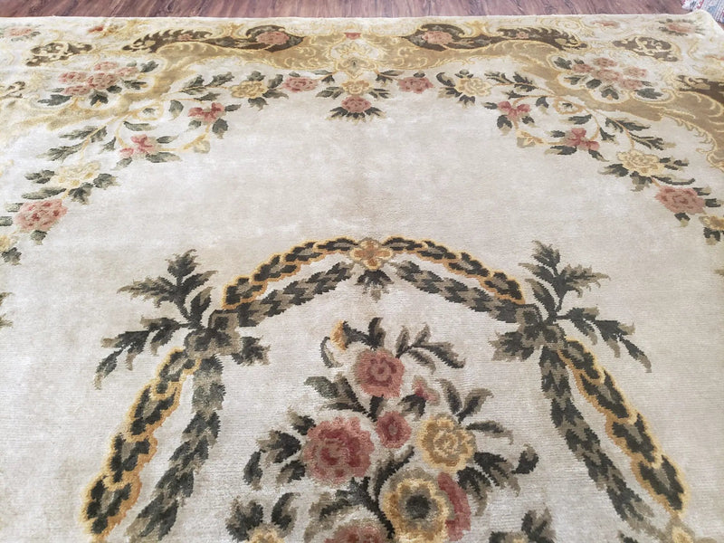 Aubusson Rug 10x14, Elegant French European Design, Vintage Handmade Carpet with Pile, Beige Floral Dining Room Rug, Living Room, Soft Wool by Jewel Rugs