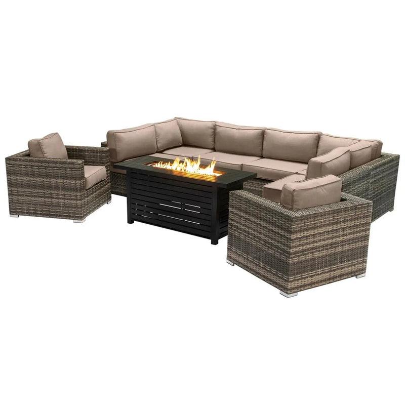 9 Piece Outdoor Sectional Set With Fire Pit Table And Cushions - Beige by Unique Piece Furniture