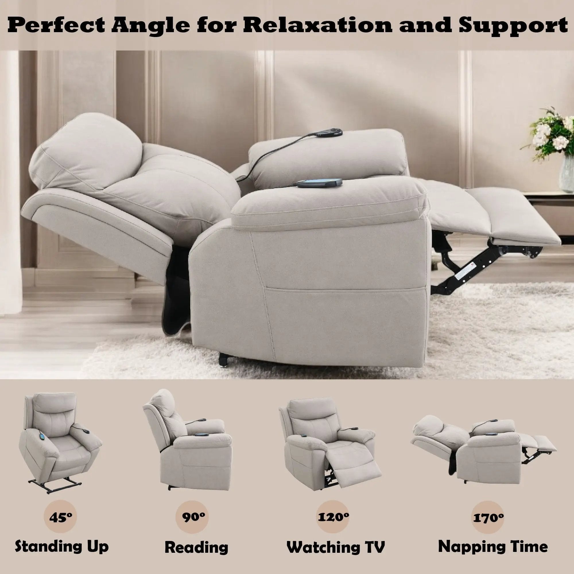 Chriki Beige Chenille & Black Finish Power Recliner with Lift, Heating, and Massage by HouseOfZazla