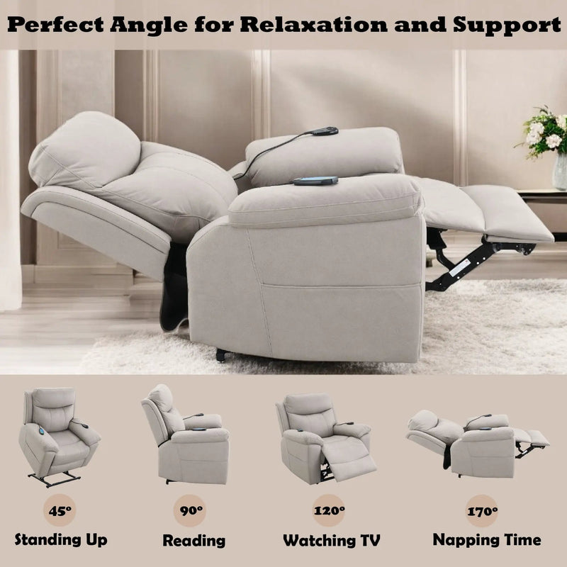 Chriki Beige Chenille & Black Finish Power Recliner with Lift, Heating, and Massage by HouseOfZazla