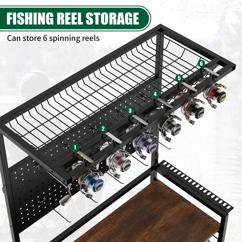 Fishing Rod Storage Rack With Pegboard, Rolling Tackle Organizer Cart - Black by HouseOfZazla