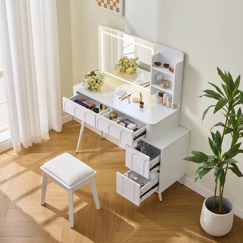Modern Makeup Vanity Desk With LED Lights & Mirror 4 Drawer Dressing Table Set Space Saving For Bedroom - White by Unique Piece Furniture