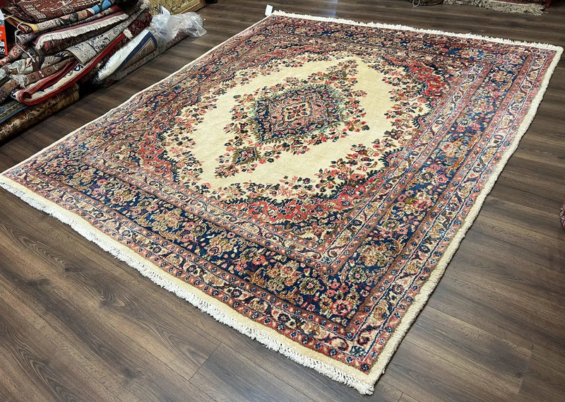 Persian Rug 9x10, Hamadan Rug, Antique Oriental Carpet, Wool Rug, Semi Open Field, Cream and Navy Blue, Kirman Design Hand Knotted Almost Square Rug by Jewel Rugs