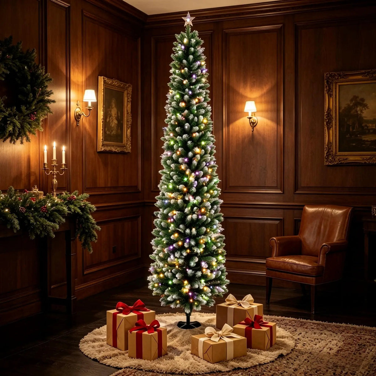 8ft Flocked Pencil Prelit Christmas Tree, Dual-Color by HouseOfZazla