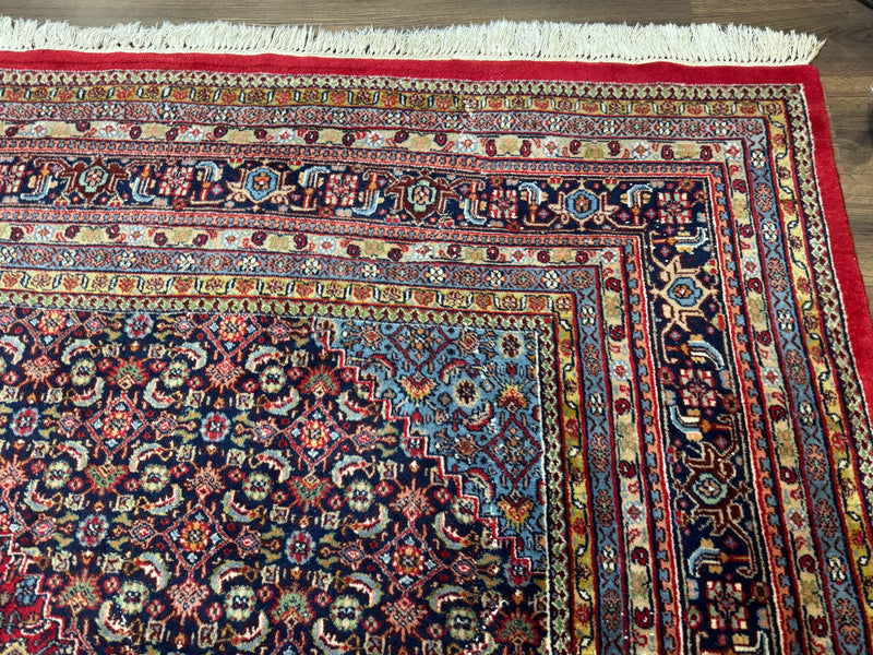 Indo Persian Bidjar Rug 10x14, Red and Dark Blue, Herati Mahi Pattern, Vintage by Jewel Rugs