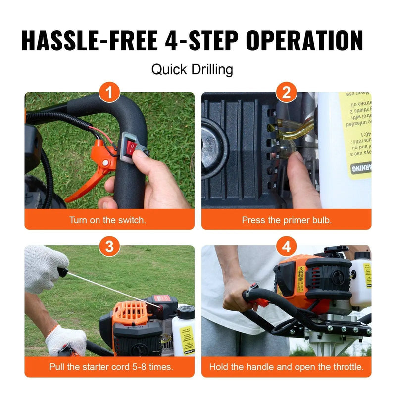 Vevor Gas Post Hole Digger 52Cc 1450W With 8 Drill Bits & Extension Rod Aluminium Alloy - Black by HouseOfZazla