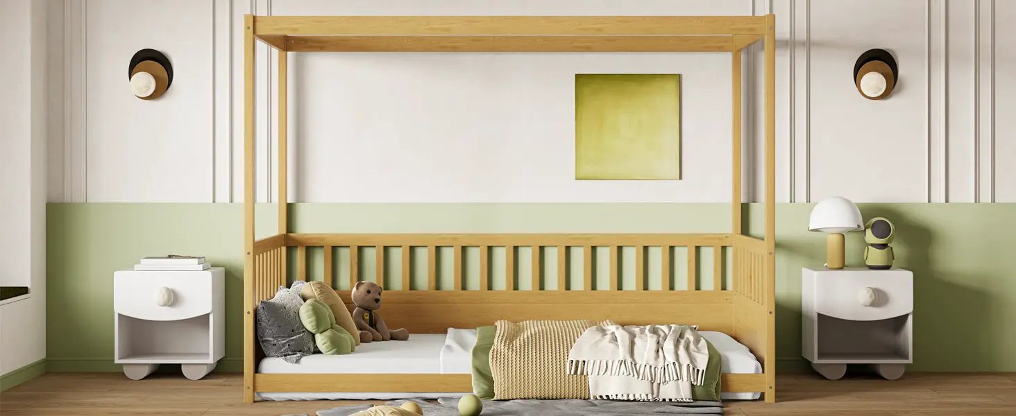 Twin Size Canopy Bed Frame with Guardrails for Kids by HouseOfZazla