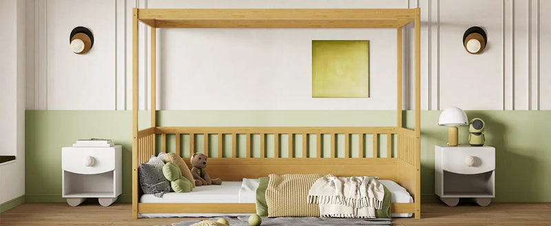 Twin Size Canopy Bed Frame with Guardrails for Kids by HouseOfZazla