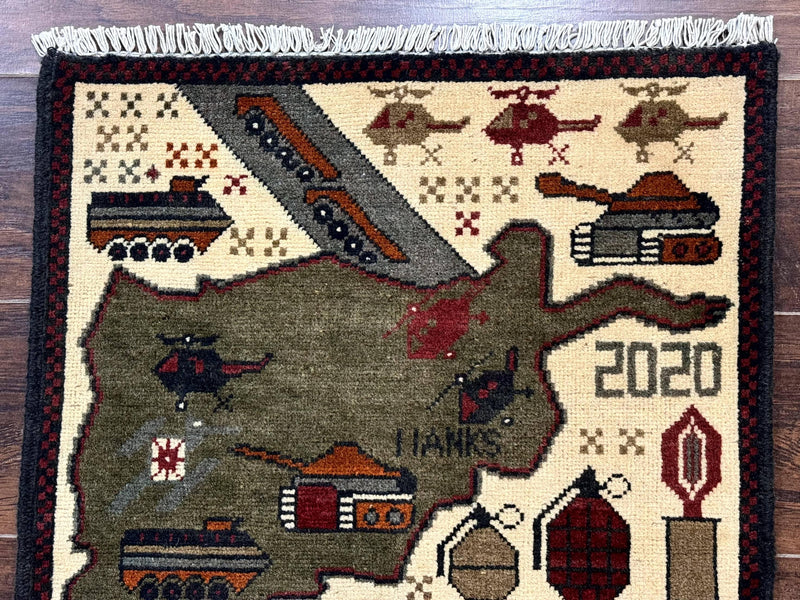 Afghan War Rug, Tanks Helicopters Guns by Jewel Rugs
