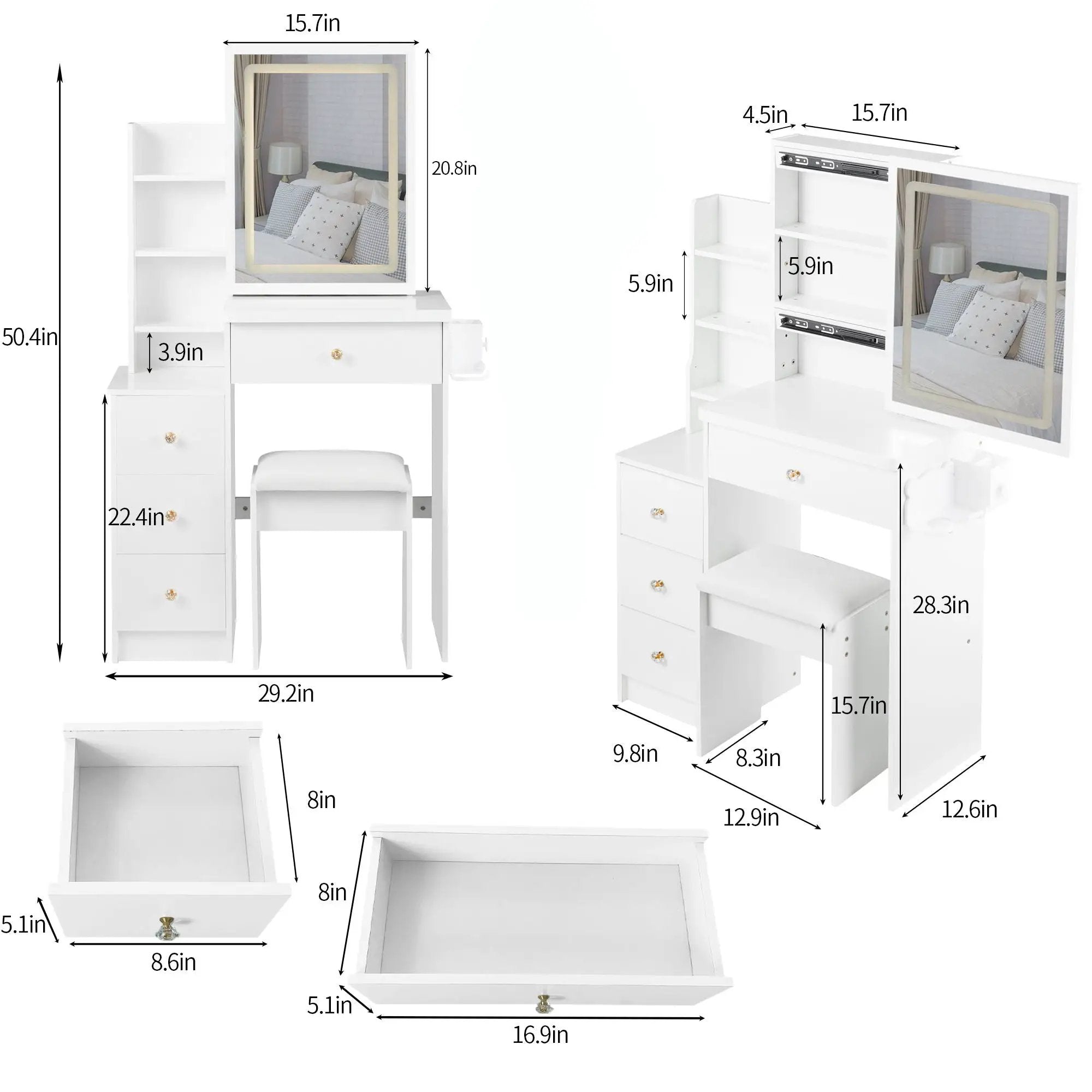 Cabinet Vanity Table & Cushioned Stool, USB Power Station, Hair Dryer Bracket - White by Unique Piece Furniture