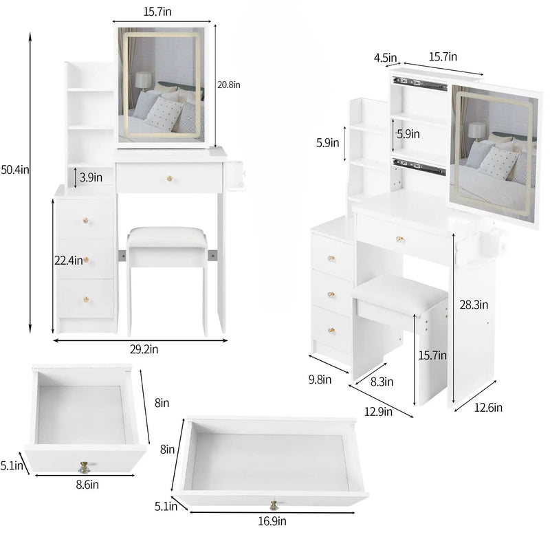 Cabinet Vanity Table & Cushioned Stool, USB Power Station, Hair Dryer Bracket - White by Unique Piece Furniture
