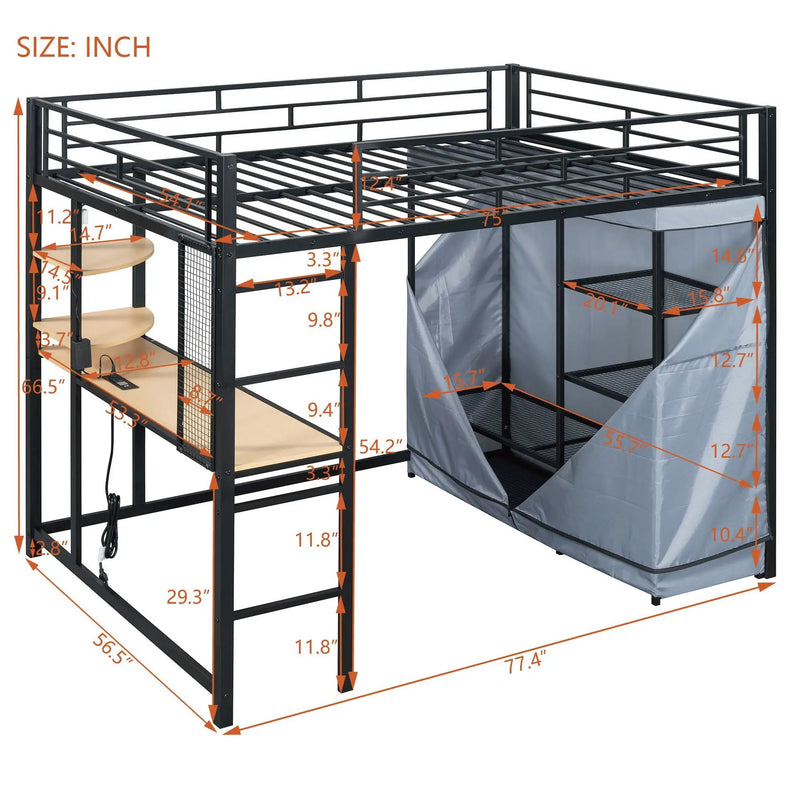 Loft Bed With Desk, Shelves, Power Outlet, LED Light And Wardrobe by Unique Piece Furniture