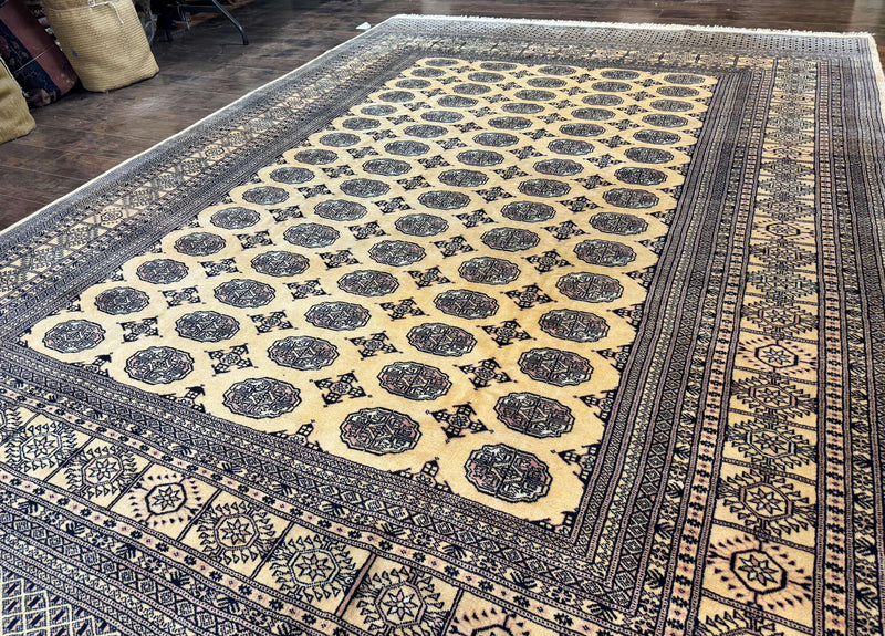 Pakistani Bokhara Turkoman Rug 9x11, Cream, Handmade Wool Vintage Carpet by Jewel Rugs