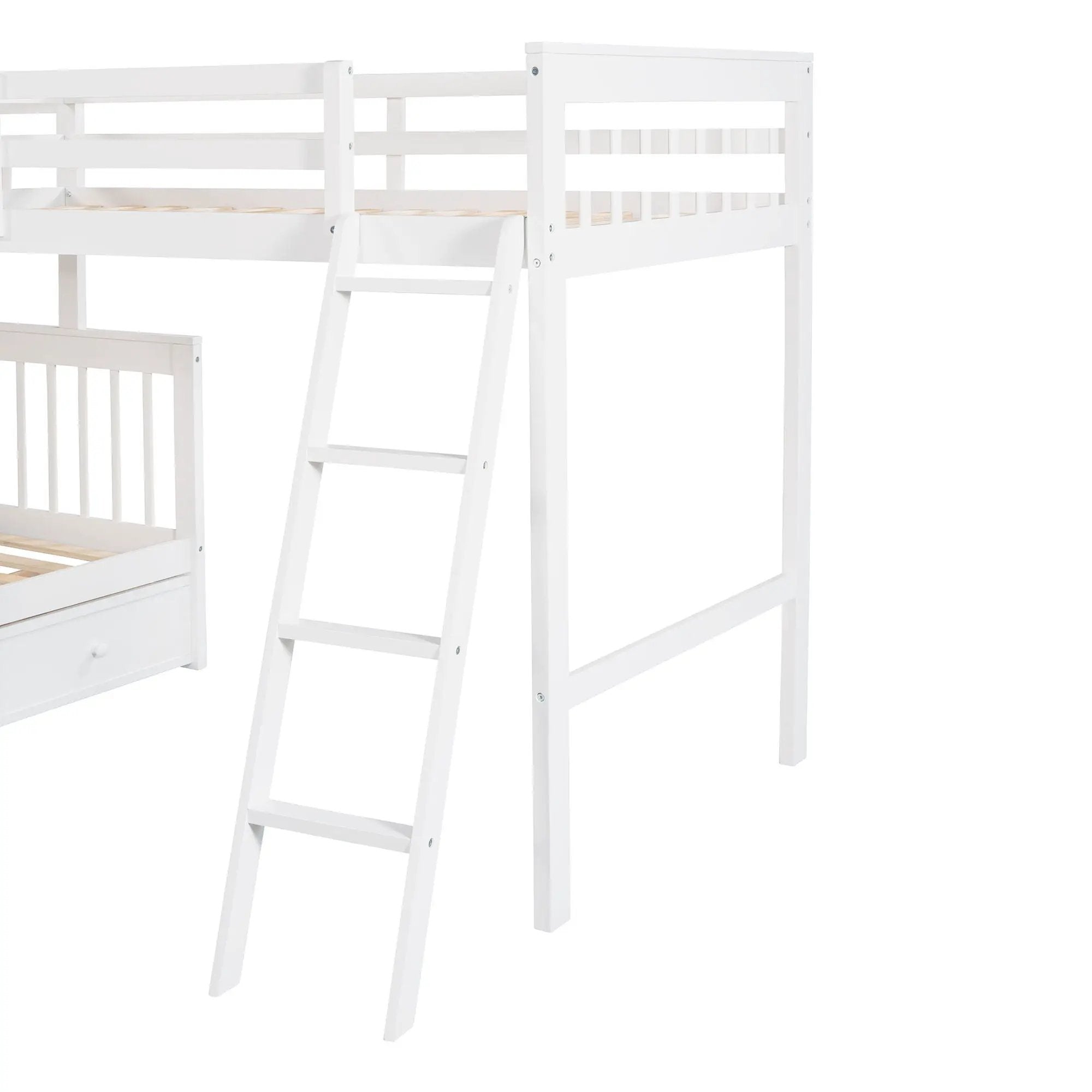 Solid L Shaped Bunk Bed With 3 Drawers, Ladder And Staircase