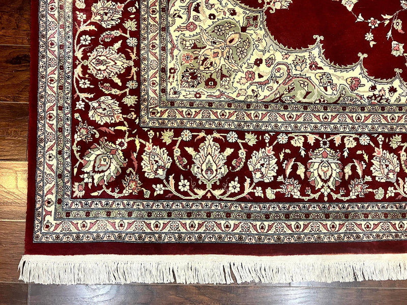 Pak Persian Rug 9x12, Handmade Vintage Traditional Wool Carpet, Floral Medallion, Dark Red Ivory/Cream, Fine 250 KPSI by Jewel Rugs