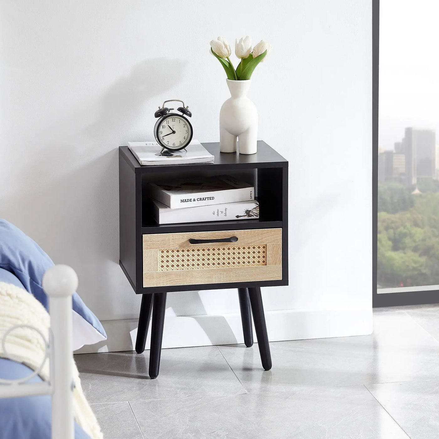 15.75" Rattan End Table With Drawer And Solid Wood Legs, Modern Nightstand, Side Table For Living Room, Bedroom by Unique Piece Furniture