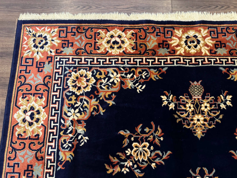 Chinese Wool Rug 8x11, Navy Blue and Terracotta, Floral, Couristan Belgium Power Loomed Carpet by Jewel Rugs