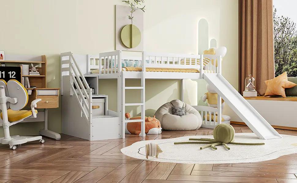 Loft Stairway Bed With 2 Drawers, Convertible Ladder And Slide by HouseOfZazla